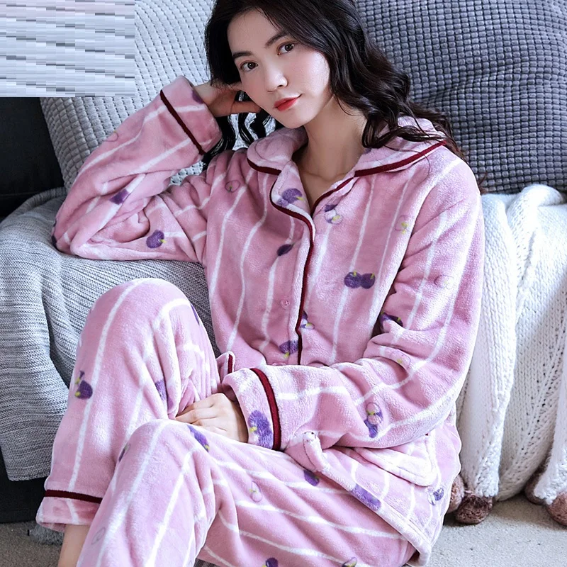 StyleG H5834 одежда для сна утолщенная Пижама для девочек, костюм для женщин, милая Студенческая одежда для дома, фланелевая зимняя бархатная ночная рубашка с длинными рукавами кораллового цвета - Цвет: StyleG