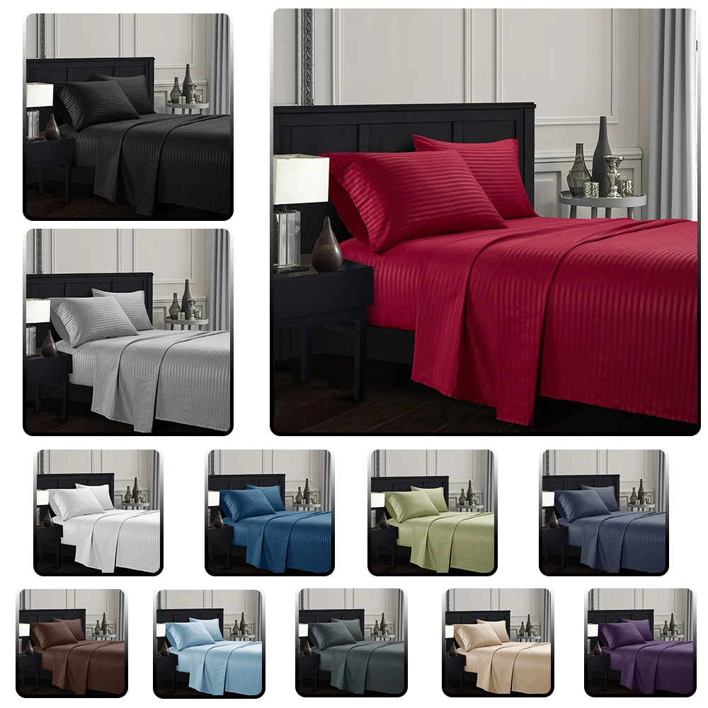 

Plain satin striped Bedding Sheet Set Bed Linens Flat Sheet+Fitted Sheet+Pillowcase Twin/Full/Queen/ King Size Soft comfortable