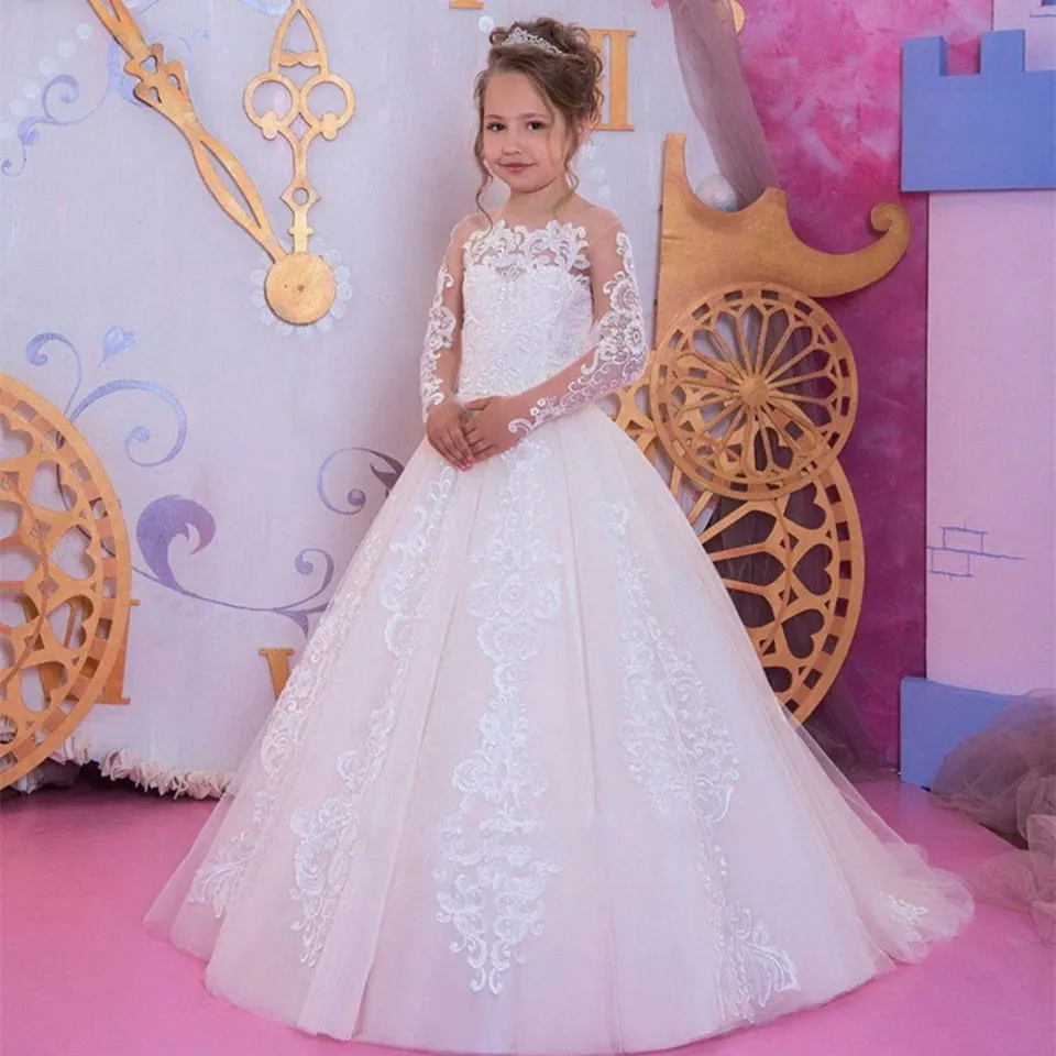 

Lovely White Lace Formal Party Dresses For Wedding Birthday Guest High Jewel Corsst Back Flower Girl Dress With Sleeves