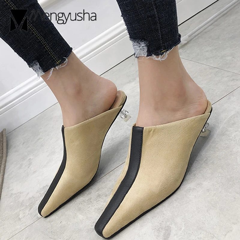 

Women Pointy Toe Slippers Strange Heels Mix Colors Mules Thin Cat Heel Slides Femme Slip On Wedges Shoes Cover Toe Mules Slipers