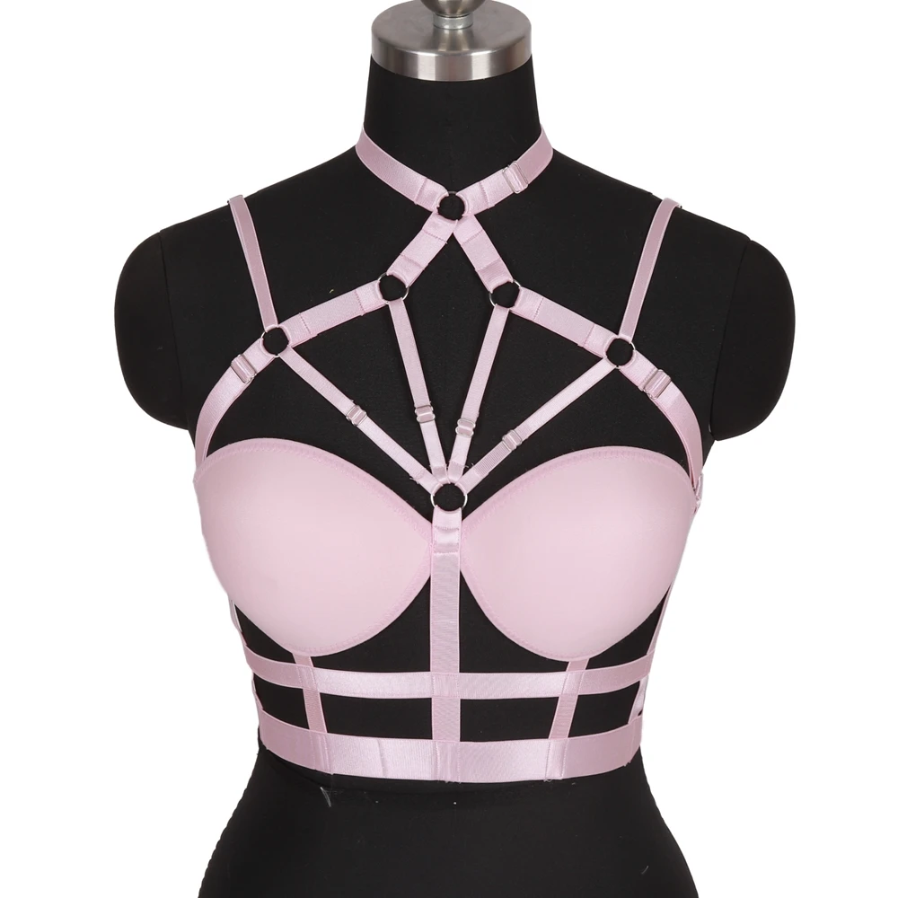 Punk PU Leather Cup Bra Top Breast Harness Gothic Woman Costume Pink 