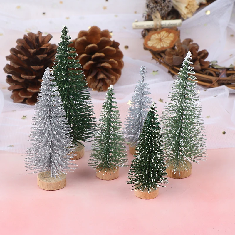 

3 Pieces Christmas Tree Mini Pine Tree With Wood Base DIY Home Table Top Decor Miniatures S/L (7/9cm )