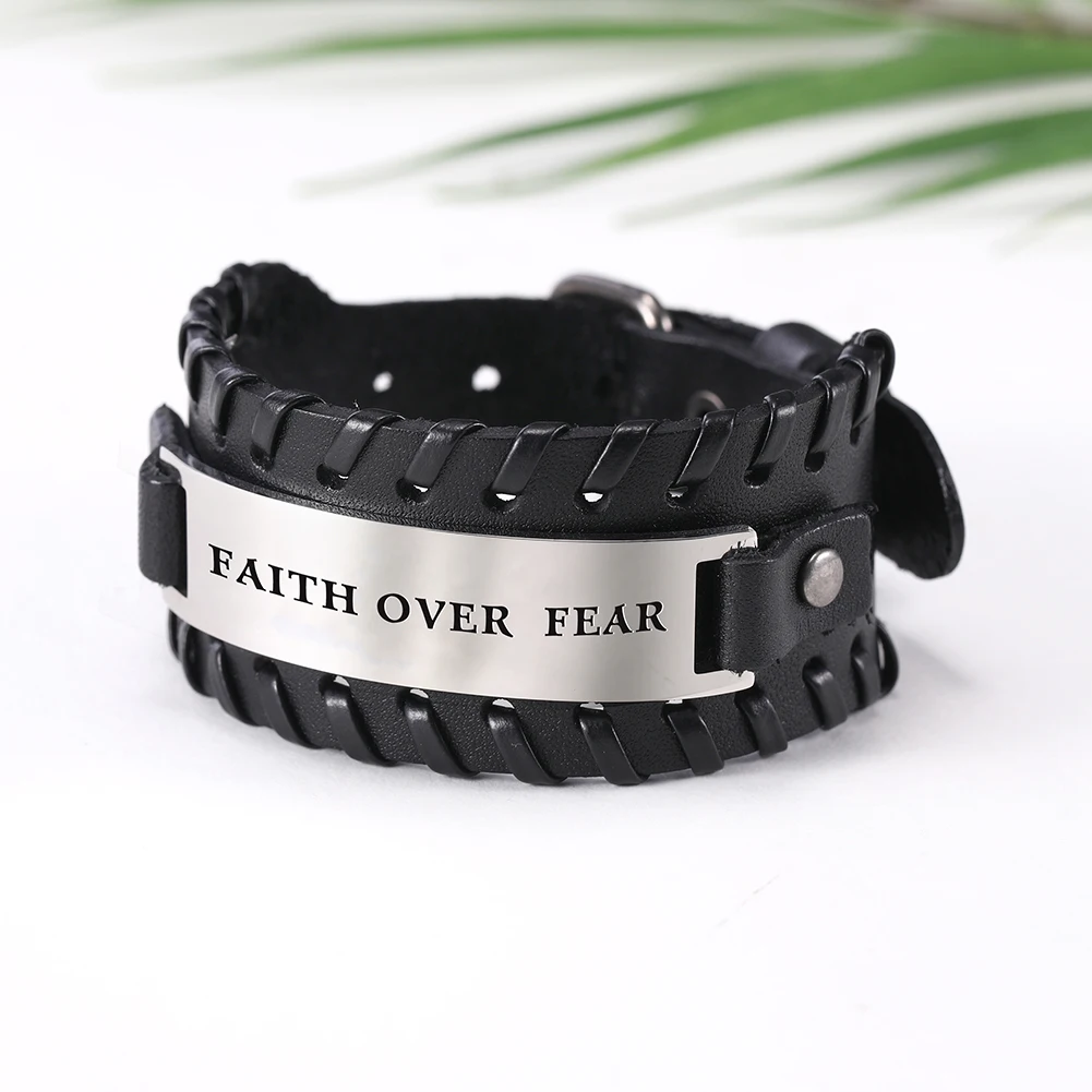 Faith Leather 2 Мой Форма Нержавеющая сталь Для мужчин, браслет с гравировкой, Faith Over Fear Надежда Любовь чёрный; коричневый кожаный Для мужчин браслет ювелирные изделия - Окраска металла: Faith Leather 2
