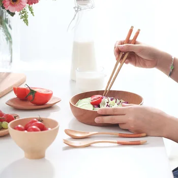 

Wooden Salad Bowl Large Round Wood Salad Soup Dining Bowl Plates Premium Wood Kitchen Utensils Set Natural HandMade