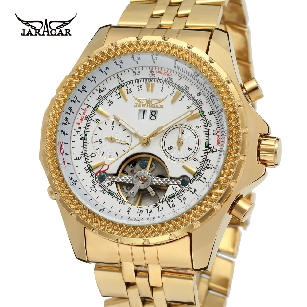 Jaragar стимпанк спортивная серия Tourbillon уникальные серебряные Нержавеющая сталь Дата месяц дисплей светящиеся автоматические механические часы