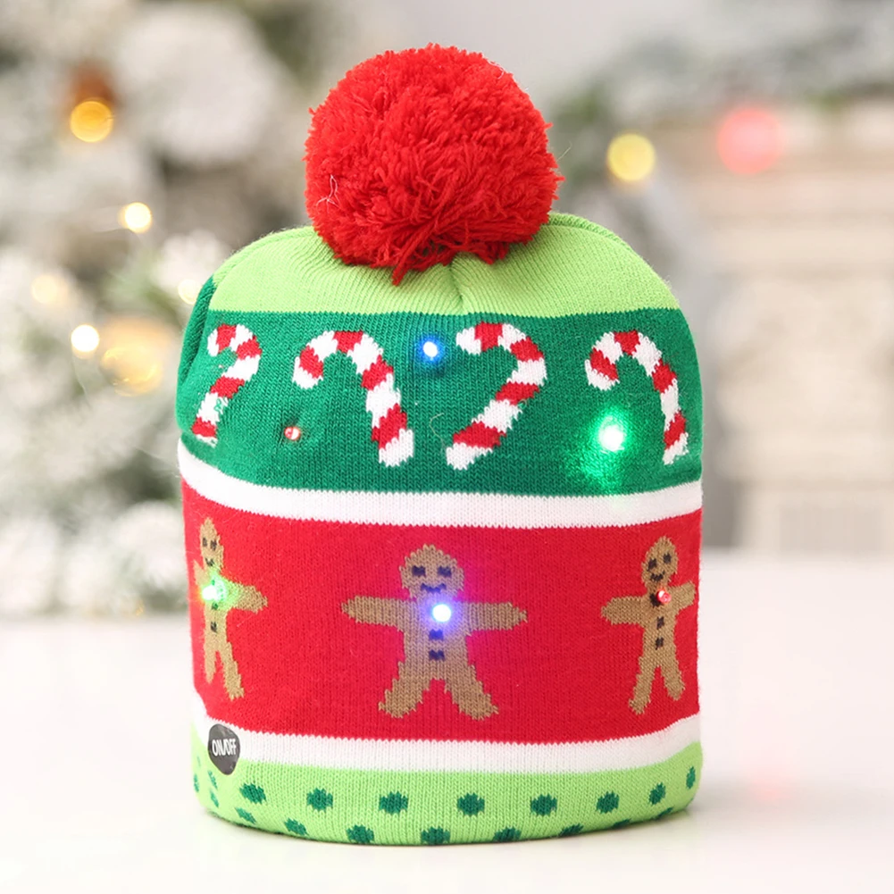 Рождественская шапка с светильник, мягкая теплая Рождественская елка, снежинка, Пряничный человек, рождественские шапки, вязаная шапка для детей и взрослых