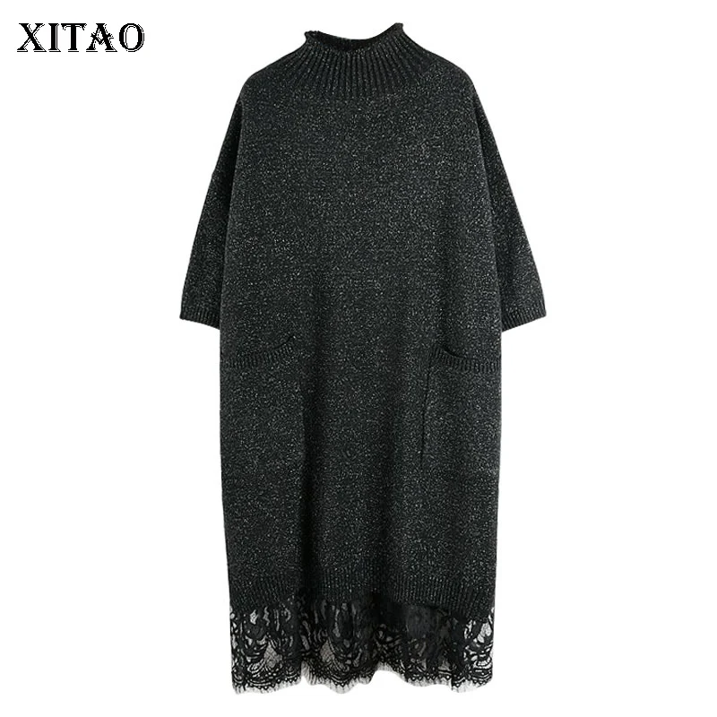 XITAO Lace Stitching Half Sleeve Knitwear Dress Women Fashion Loose Plus Size Ladies Dresses Korean Style Clothes GCC2539 | Женская