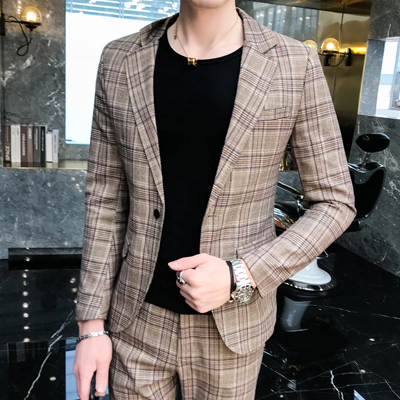Men's British style slim blazer suit set two-piece jacket with pants high-end handsome men's gentleman suit 2019 Men's British style slim blazer suit set two-piece jacket with pants high-end handsome men's gentleman suit 2019