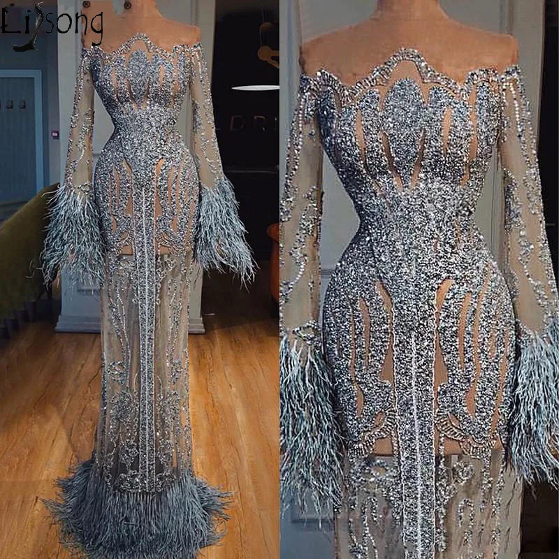 uxurious Beading Evening Dress 2020 Long Sleeve Transparant Feathers Off Shoulder Prom Dresses with Lining Formal Party Gowns | Свадьбы и