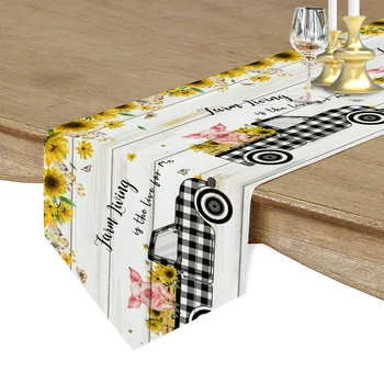 

Farm Pig Sunflower Truck Wood Texture Table Runner Home Decor Tablecloth Table Runners for Wedding Christmas Dining Table Decor