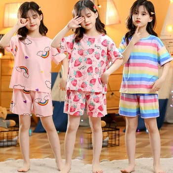 Teens Baby Girl Pajamas Summer Short Sleeved Children's Clothing Sleepwear Cotton Sets  1