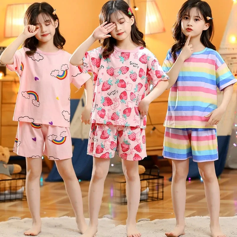 New Teens Baby Girl Pajamas Summer Short Sleeved Children's Clothing Sleepwear Cotton Pyjamas Sets For Kids 4 6 8 10 12 14 Years cheap pajama sets	