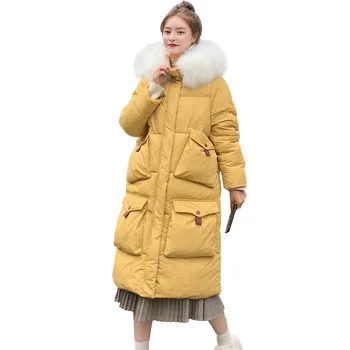 

Rlyaeiz High Quality 2019 Winter Down Jacket Women Clothing Fur Collar Hooded Fashion Pockets Winter Parka Coat New Arrival