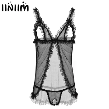 

Mens Sissy Sheer Fishnet Lace Sexy Lingerie Mini Open Cup Bra Babydoll Dress+G-String Thong Underwear Erotic Lenceria Nightwear