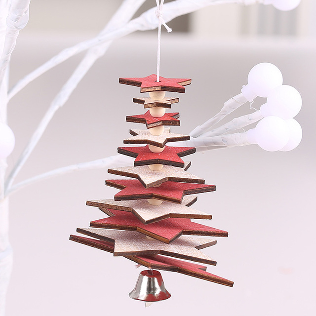 Wooden Christmas Tree Pendants Xmas Tree Hanging 3D Rotate  Snowflake Star Ornaments Small Bell Home Office Decoration Gift