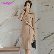2019 Korean version of the autumn light and windy long-sleeved temperament  Slim long bag hip thickening dress