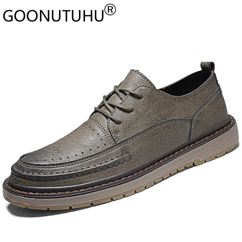 

2019 style fashion men's shoes casual genuine leather male classics khaki brown black lace up shoe man retro flats shoes for men