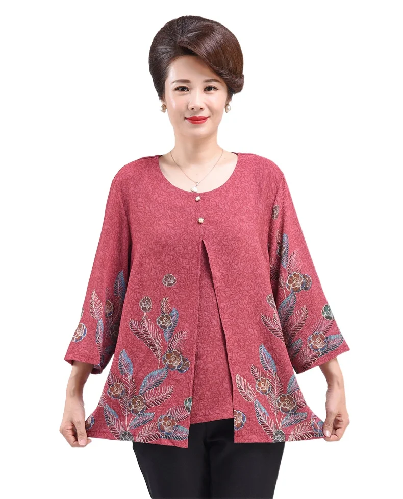 

Middle Aged Women Blouses XL To 9XL Fake Two Oversized Shirts Three Quarter Sleeve Spring Autumn Casual Tops for Mothers T020