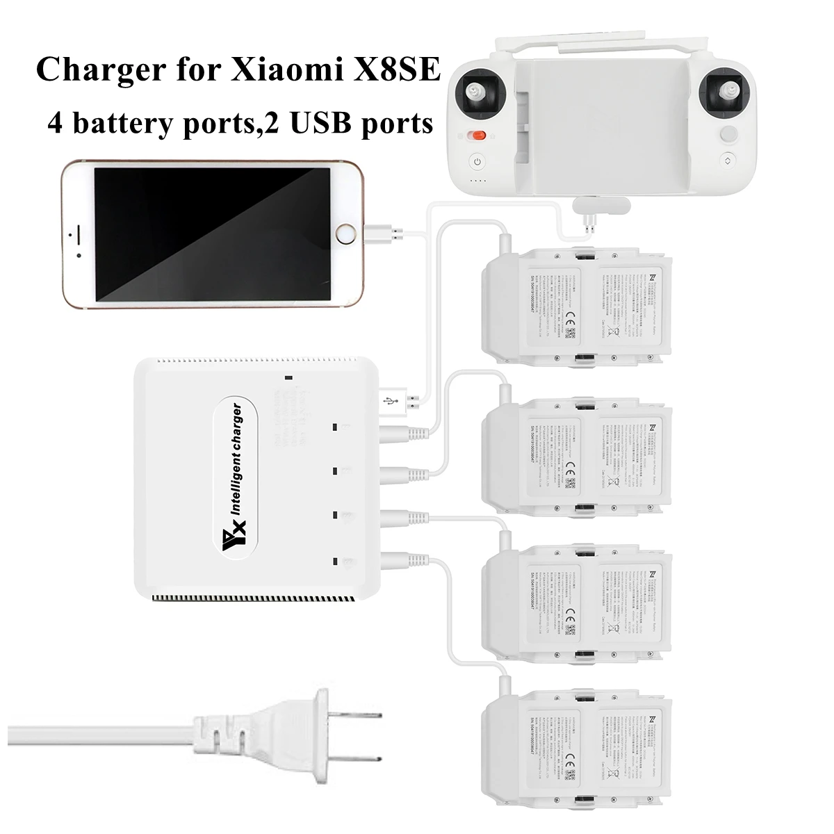 6in1 Battery Remote Controller Charger 2 USB 4 Battery Plug for Xiaomi X8 SE MI Drone RC Parallel P