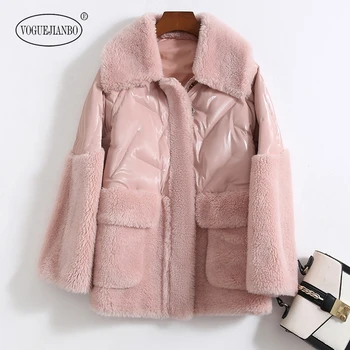 

2019 winter pink Pellet sheep shearing patchwork puffer teddy coat navidad women blazer sexy clothes tops manteau femme hiver