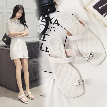 

2020 new summer small fragrance rhombic toe rhinestone thick with sandals and slippers fashion women flat shoes beach wild white