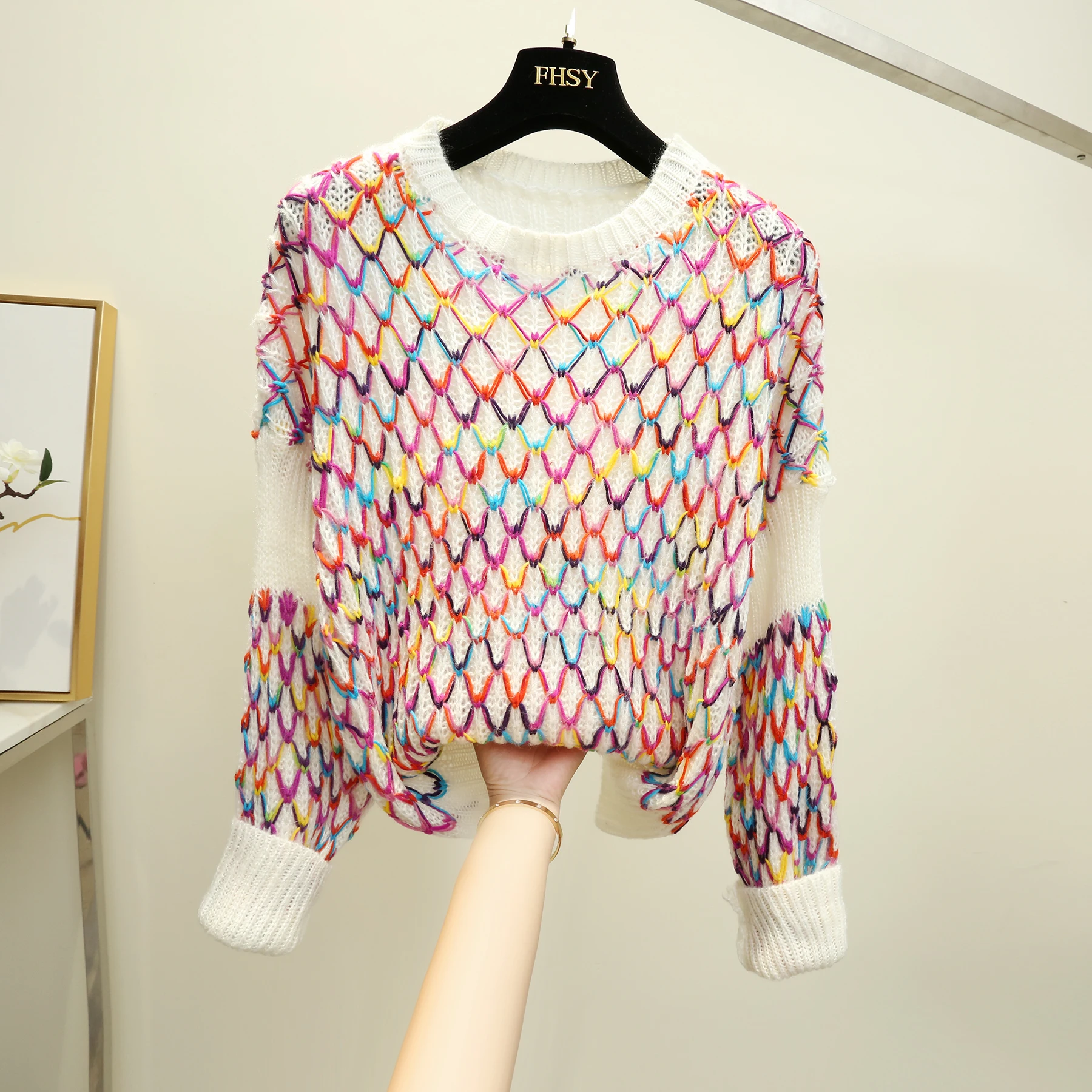 

HAMALIEL Autumn New Fashion Colour Weave Plaid Loose Sweater Tops Sweet Women Long Sleeve Hit Color Knitted Soft Pullovers