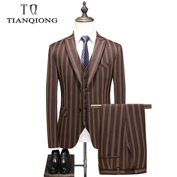

TIAN QIONG Men Fashion Striped Designs 3 Piece Set Suits Groom Tuxedos Wedding Slim Fit Business Casual Male Prom Dress Suits