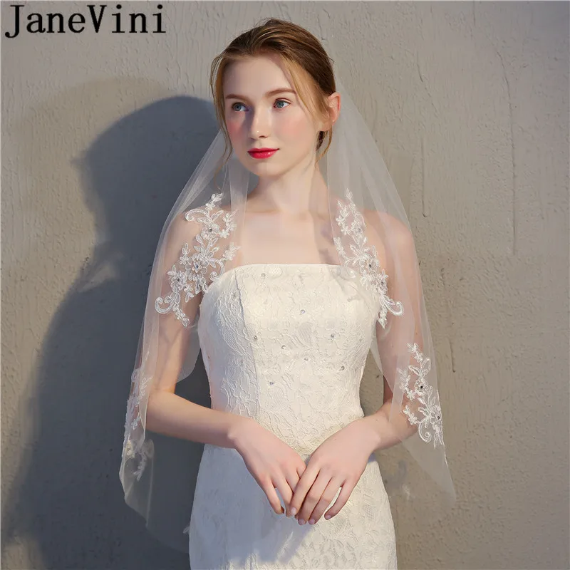 JaneVini, однослойная фатиновая свадебная вуаль с расческой, короткая, цвета слоновой кости, расшитая бисером, Кружевная аппликация, обрезанная кромка, фата невесты белого цвета, фата