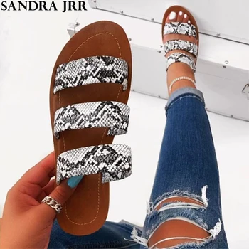 

SANDRA JRR Summer Slippers Casual Serpentine Leather Sandals Women Flat Heel Open Toe Outside Drags Slides Shoes Flats