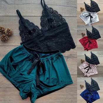 

Women Lace V Neck Pajamas Set Fashion Sleeveless Nightwear Spaghetti Strap Vest+Short Pants Thin Sleeping Wear Lingerie