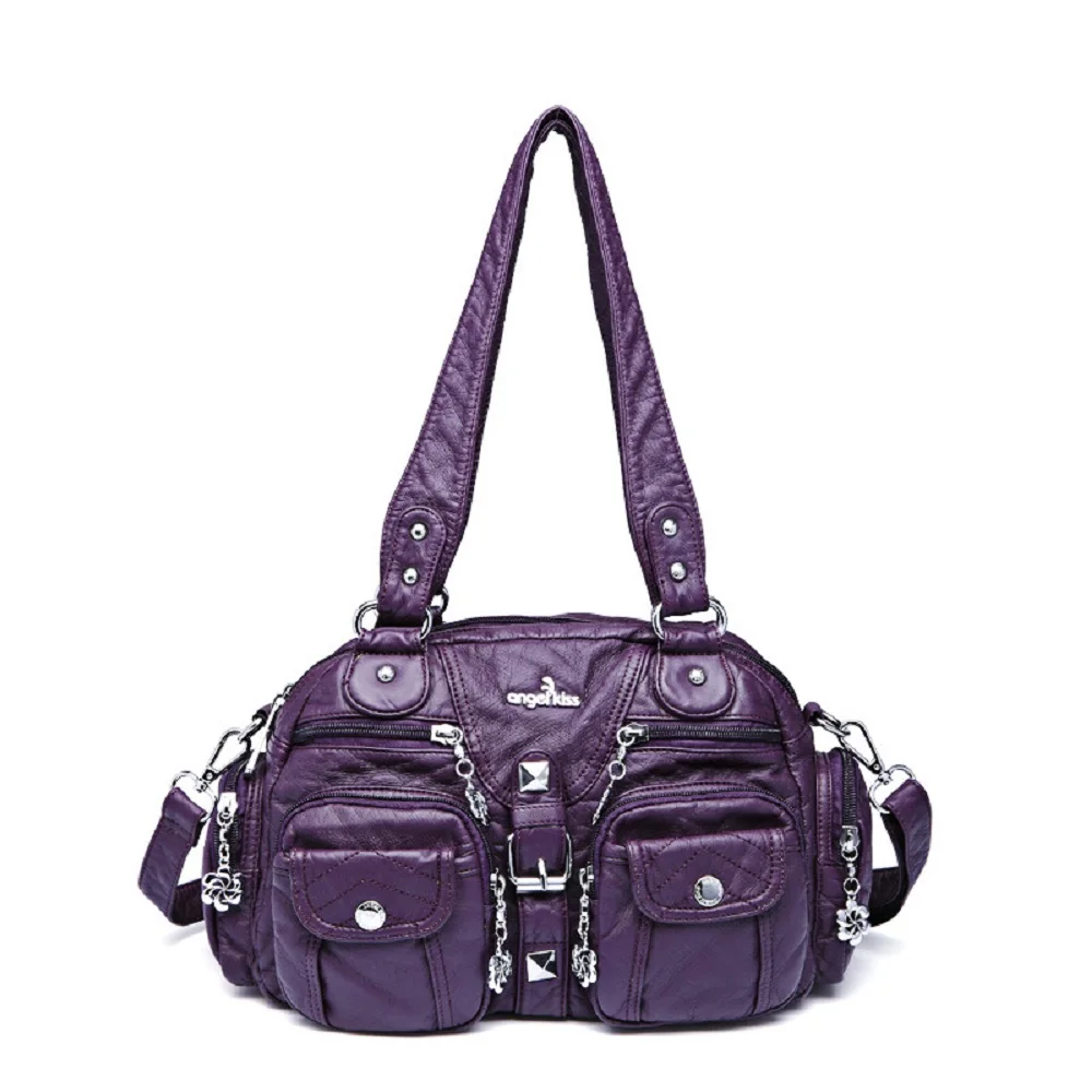 Angelkiss Women Small Handbags Satchel Top-handle Handbag PU Shoulder Bag 8”x11” Dumpling Pack Multi-pockets Shoulder Bags - Цвет: Фиолетовый