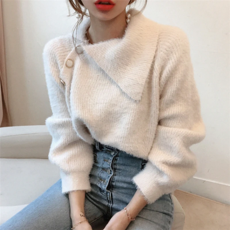

Fashion Button Design Skew Collar Cashmere Sweater Women Casual Autumn Winter Soft Fluffy Knitted Pullover Pull Femme