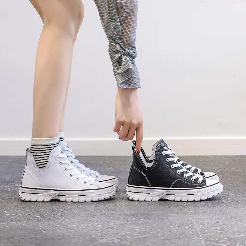 New type baitie thick bottom shoes leather casual flat sole shoes high-top small white shoes for women safety shoes waterproof