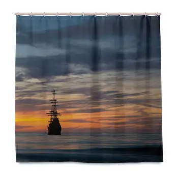 

Shower Curtain, Old Sailboat in Majestic Sunset Scenery Tropical Waters Maritime Customized Bathroom Shower Curtain Set with