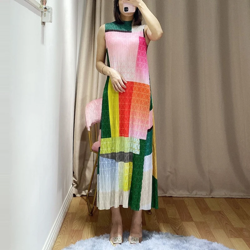 Changpleat новые женские платья Miyak Плиссированное модное дизайнерское платье без рукавов со стоячим воротником и эластичной талией D879