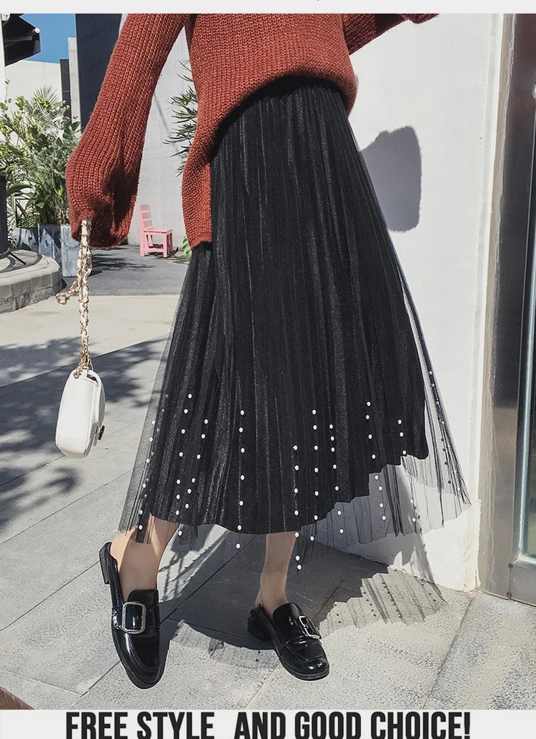 Бархатные плиссированные сетчатые юбки с вуалью в виде буквы, Женская юбка в Корейском стиле, новинка, осенняя длинная вуаль