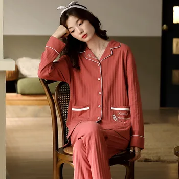 

And Autumn Pajamas Female Pure Cotton Long-Sleeved Cardigan Loose V-Neck Clothing Knitted Winter Set