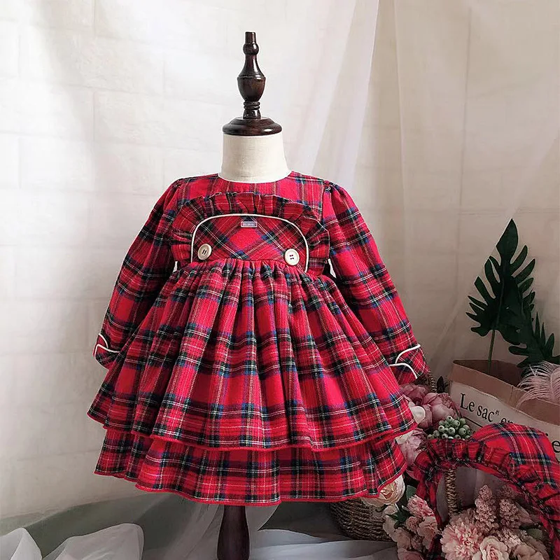 Розничная, рождественское винтажное платье в клетку для девочек роскошное детское испанское платье принцессы с длинными рукавами детская одежда в английском стиле