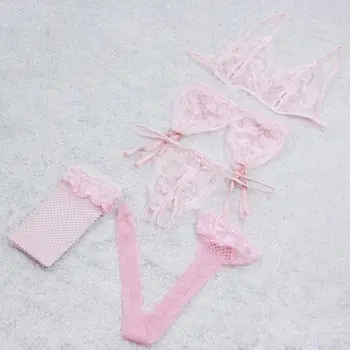 

3PCS Women Sexy Lingerie Lace Open Cup Bra High waist G-string Thongs Garter Belt Underwear Babydoll Sleepwear Set