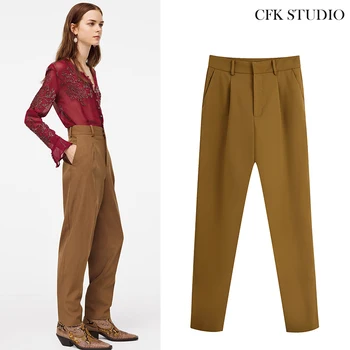 

Za Women Pants 2020 New High Street Fashion with High Waist Solid Vintage Loose Casual Brown Long Trouses Harem Pants for Women