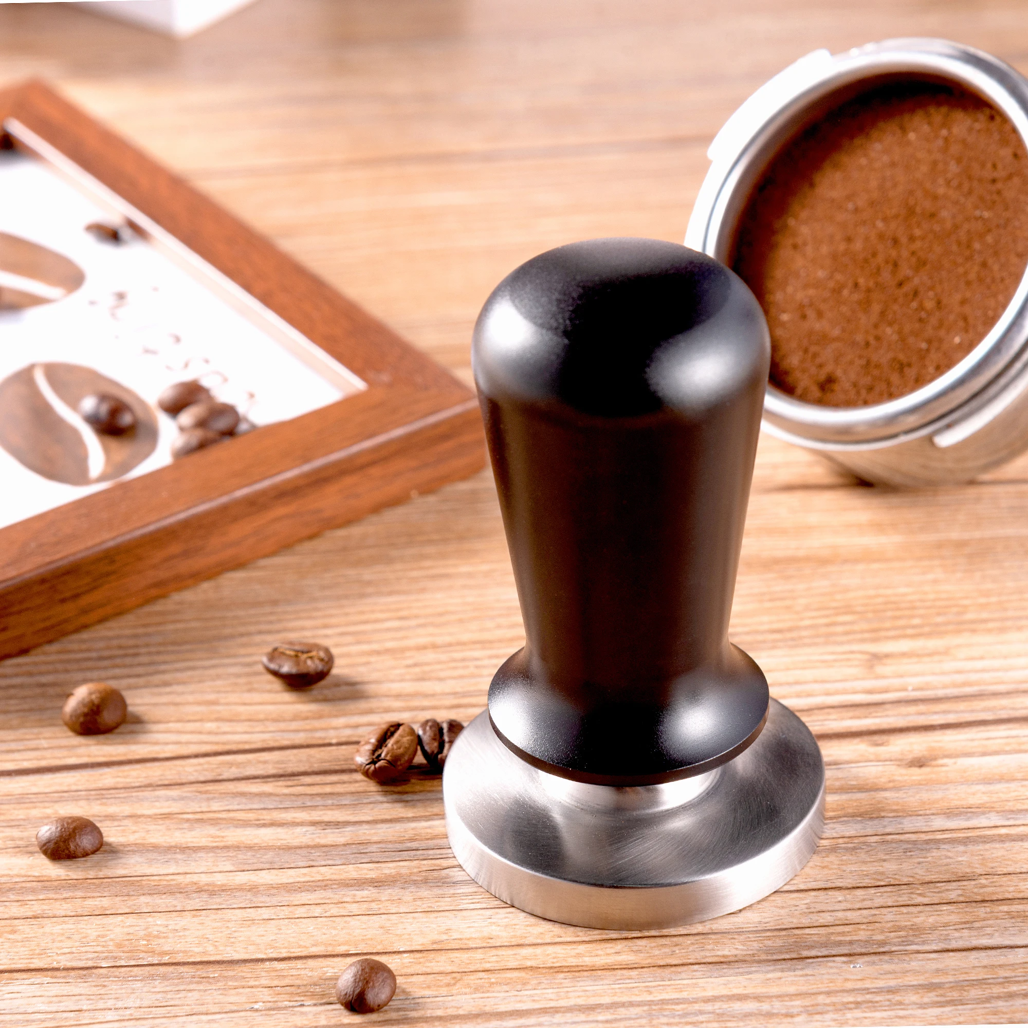 Coffee Powder Press Tamper, Spring Flattening, Stainless Steel Base, Strong Pressure, 58mm