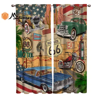 

Retro Route 66 Poster Curtains Window Living Room Curtains Kitchen Indoor Window High Blackout Curtain