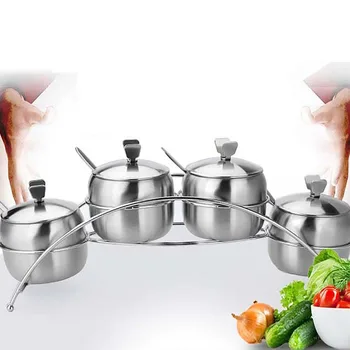 

1 Set Thicken Stainless Steel Spice Jars+Seasoning Rack+Spoons Seasoning Bowl For Sugar Salt Spices Kitchen Organizer