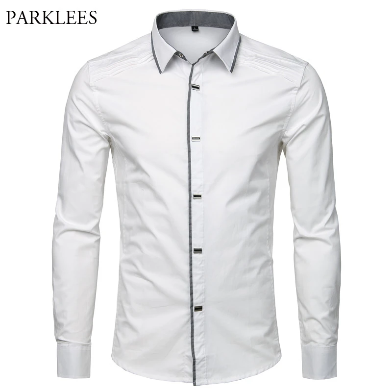 Camisa blanca de algodón para hombre, Camisa ajustada con botones presión de informal, con botones|Camisas informales| -