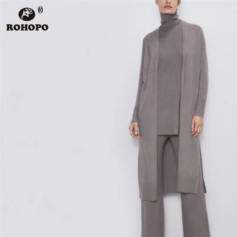 

ROHOPO Long Sleeve V Collar Grey Mini Knitted Midi Sweater Female Autumn Open Stitch Baggy Solid Knitted Outwear #9550
