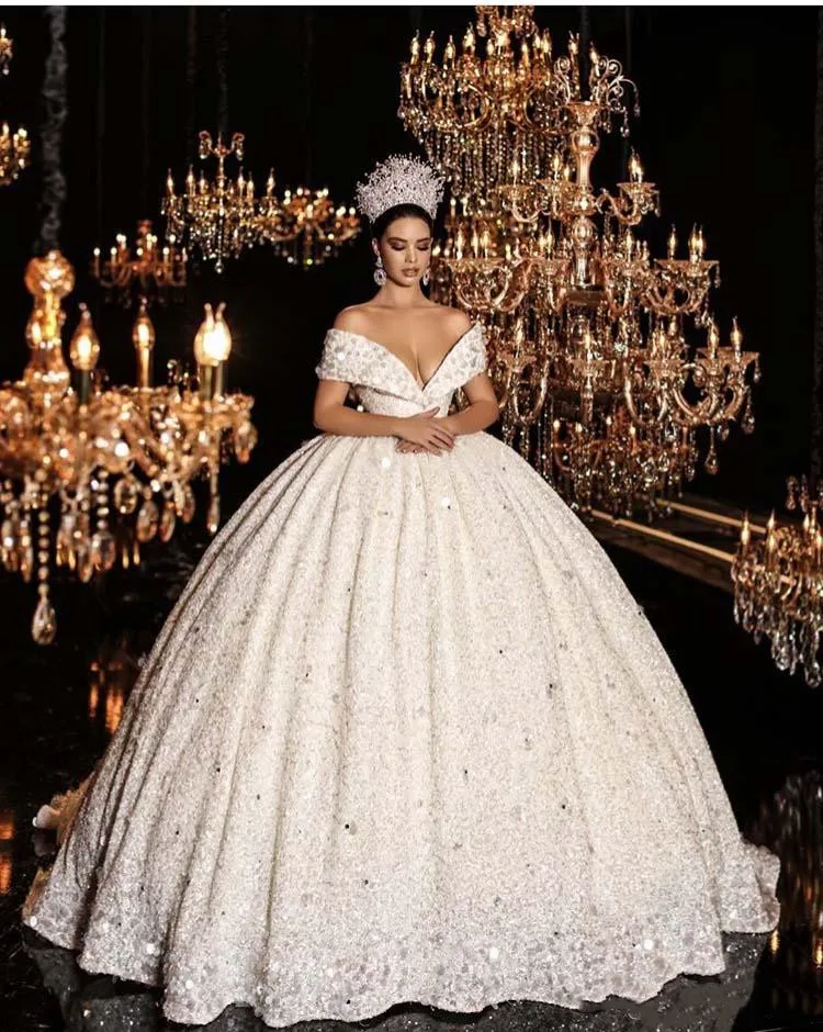 Принцесса vestidos De Novias с открытыми плечами вышитое блестящим бисером короткий рукав бальное платье Кружева шикарное роскошное свадебное платье