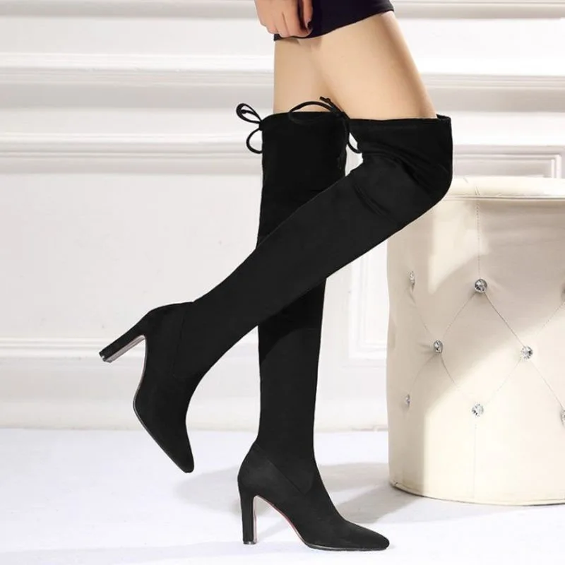 KemeKiss Size 32-46 Winter Thigh High Boots Women Lace Up Sexy Pointed Toe Add Fur Warm Stretch Shoes Women Sexy High Heel Boots