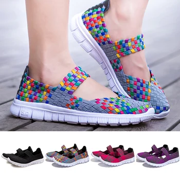 

Women Mesh Woven Flat Shoes Casual Slip on Breathable Soft Platform Summer Sneakers Fashion Light Weight Elastic Trainer Sandals