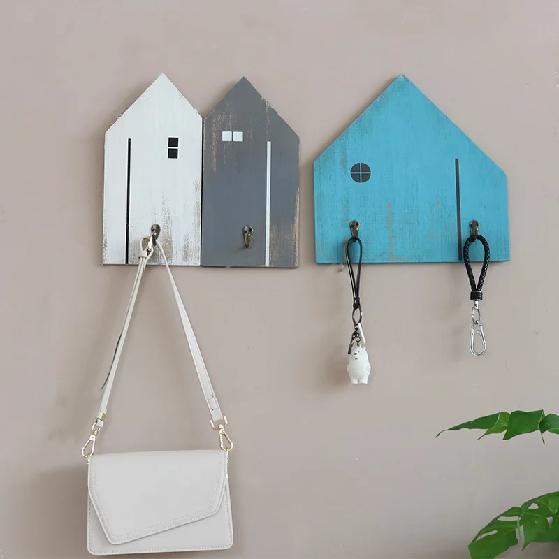 

Wood Key Hanger Holder Wall Organizer House Shape Strong Key Rack Hooks Housekeeper Hanger Ring Home Decoration Coat Hanger