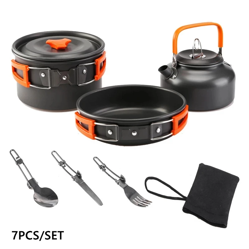 

7Pcs Portable Outdoor Camping Teapot Set Travel Garden Table Picnic BBQ Pan Pot Cookware Kit